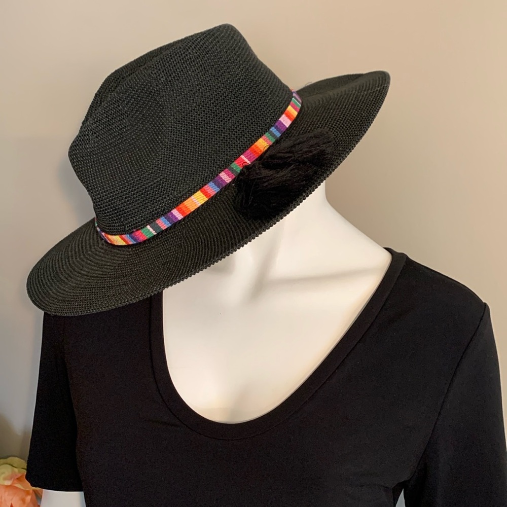 Woven fedora with rainbow trim & tassels